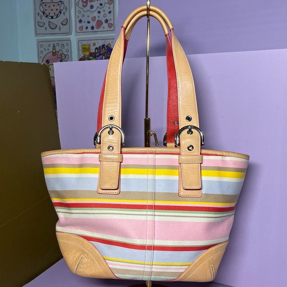 Vintage 2004 Coach Hamptons Daisy Multicolor Striped Handbag Cotton Leather Y2K - Picture 2 of 16